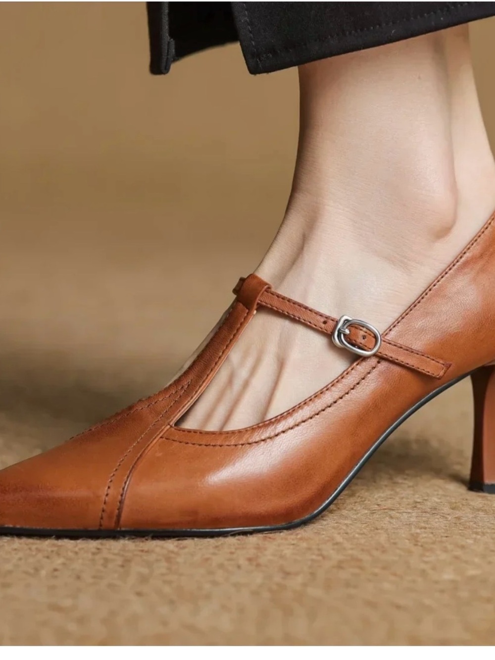 Handmade T-Strap Pointed Toe Heels in Brown - Picture 9 of 13
